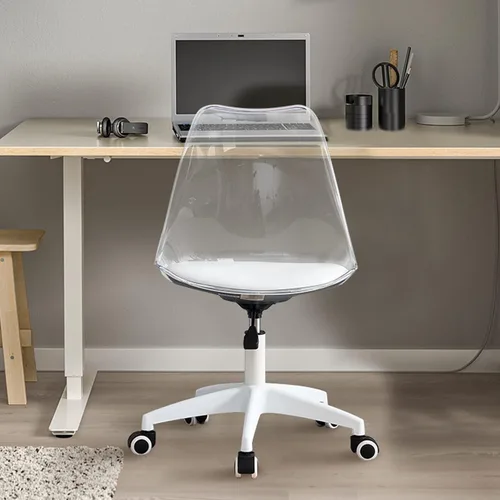 Miniatura 4 de Silla de escritorio transparente con cojín suave de piel sintética, silla de oficina en casa con ruedas, silla de plástico giratoria sin brazos