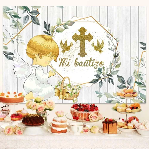Miniatura 4 de Mi Bautizo - Telón de fondo de 5 x 3 pies, fotografía de primera comunión, Dios bendiga el nuevo fondo de baby shower, telón de fondo de hojas