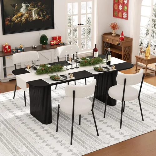 Miniatura 8 de Juego de mesa de comedor ovalada negra moderna de 70.9 pulgadas para 4, mesa de cocina rectangular estilo crema con sillas negras Boucle, juego