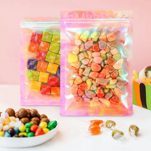 Miniatura 5 de Bolsa de embalaje resellable holográfica rosa transparente con cremallera para almacenamiento de alimentos, brillo de labios, pestañas, joyas