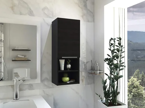Miniatura 2 de Armario de pared para baño, botiquín montado en la pared, puerta única y estantes abiertos, sala de estar, baño, organizador de almacenamiento Negro