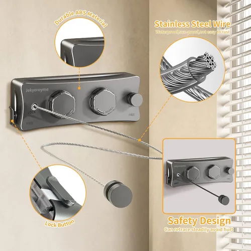 Miniatura 5 de Tendedero retráctil para interiores y exteriores, tendedero de montaje en pared que no se comba, alambre de acero inoxidable de 16.7 pies con líneas