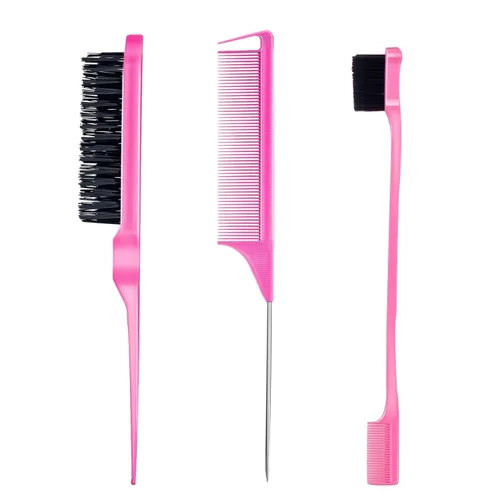 Miniatura 2 de Juego de 3 peines para peinar el cabello, cepillo de borde profesional, cepillo de burlas y peine de cola de rata (negro)
