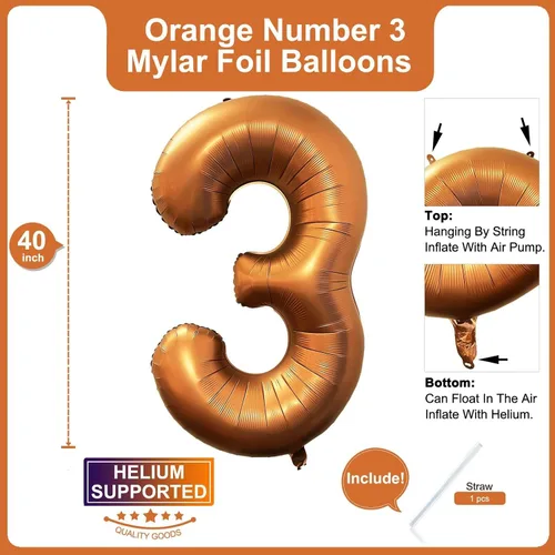 Miniatura 2 de Lovoir Globo naranja número 3 de 40 pulgadas, tamaño grande, de papel de aluminio de mylar de aluminio de Mylar de color amarillo azafrán