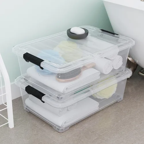 Miniatura 7 de Paquete de 4 contenedores de plástico de 20 L para debajo de la cama con rueda, cajas de almacenamiento planas transparentes