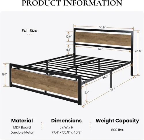 Miniatura 2 de SHA CERLIN Marco de cama tamaño completo con cabecera moderna, base de plataforma de metal resistente con pie de cama cuadrado y soporte de 13 Marrón