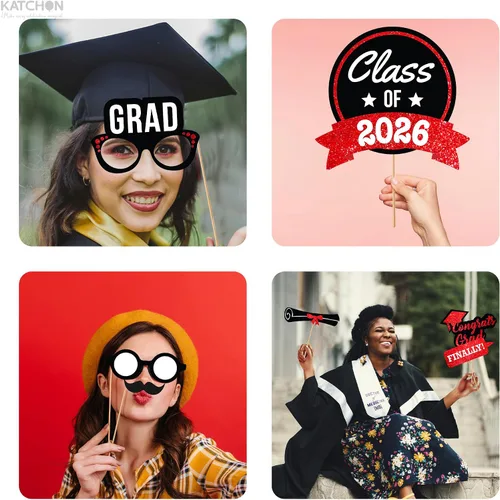 Miniatura 8 de KatchOn, Accesorios para cabina de fotos de graduación 2026 – Paquete de 21 Decoraciones de graduación rojas y negras 2026, accesorios