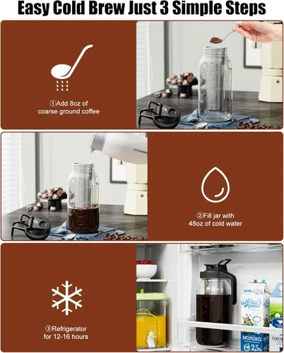 Miniatura 7 de Pack de 2 cafeteras de infusión en frío - Jarra de vidrio Mason de 64 oz con filtro de acero inoxidable, tapa con pico para café helado, té, 2 Pack