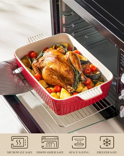 Miniatura 4 de MALACASA Fuente para hornear de 4.4 QT (cuartos de galón), fuente grande de 9x13 para cazuela para horno, molde de cerámica para hornear, molde Rojo