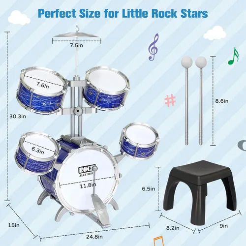 Miniatura 5 de Juego de batería para niños pequeños de 1 a 3 años, kit de batería de jazz de 5 piezas con taburete, pedal de bajo y platillo, instrumento musical