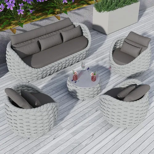 Miniatura 33 de TWT 3-Piece Woven Rope Patio Furniture Set, 2 Outdoor Armchairs with Soft Cushions + Round Aluminum Coffee Table, All-Weather Conversation Set for