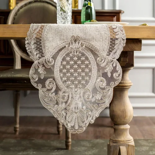 ARTABLE Camino de mesa de encaje rectangular de tela de algodón y lino gris con exquisito bordado de macramé, caminos de mesa para decoración de