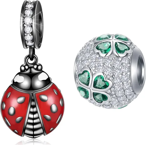GEMDAZZ Juego de dijes de insectos para pulsera de bricolaje, dije de mariquita roja y negra y colgante de trébol de 4 hojas de circonita cúbica,