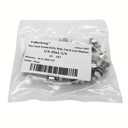 Miniatura 7 de Tornillos de cabeza hexagonal de acero inoxidable 1/4-20x1-1/4, tuercas, arandelas planas y de bloqueo, 18-8 (304) S/S, totalmente roscados por