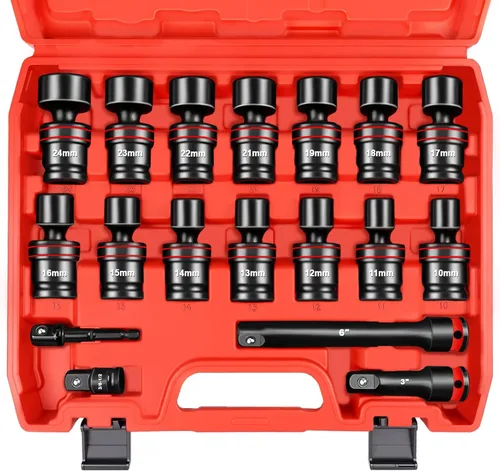 Miniatura 9 de WETT Juego de 15 piezas de enchufes de impacto universales de 3/8" de profundidad, juego de enchufes giratorios métricos (8-22mm), enchufes