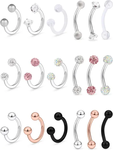 Miniatura 4 de Hoeudjo 9 – 18 piezas 16G acero quirúrgico, anillo labial de cristal, barra de herradura para cartílago tragus, arete de aro hélix daith Septum