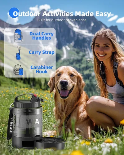 Miniatura 4 de lesotc Botella de agua de viaje para perros portátil con cuenco extraíble, dispensador de agua de viaje grande de 77 onzas para perros, artículos