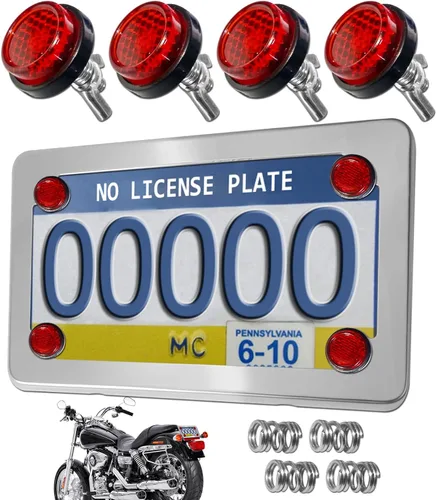 Miniatura 10 de Marco de matrícula de motocicleta con reflectores rojos, pernos y tuercas, kit de soporte de placa de acero inoxidable negro para motocicleta
