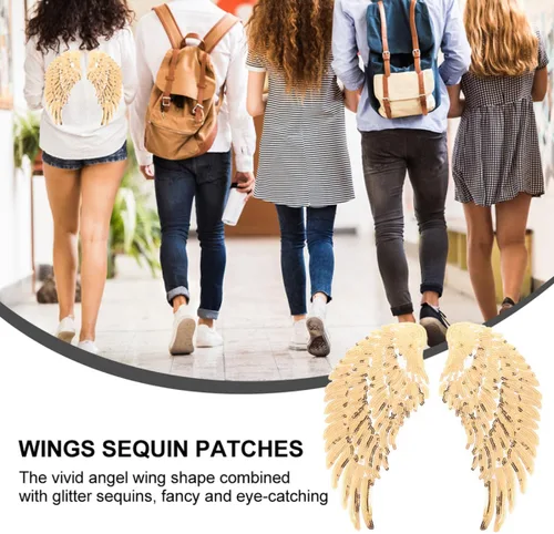 Miniatura 3 de jojofuny Sequin Angel Wings Sewing Patches for Clothes 2 Pairs Gold Embroidered Fabric Applique Decorative Patch for Jackets DIY Garment Accessory