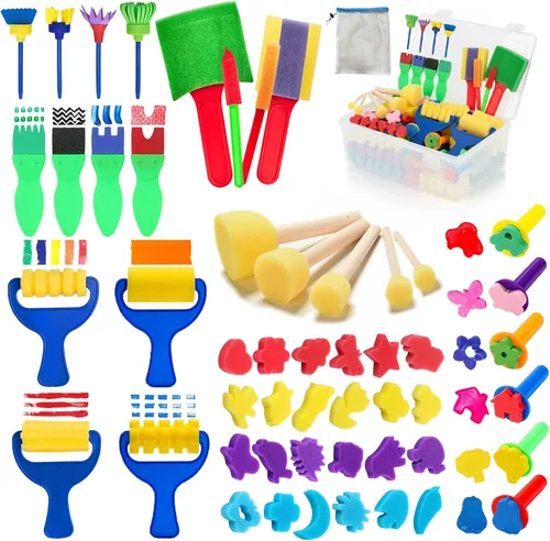 Paquete de 53 pinceles de esponja para pintura, pinceles de pintura lavables, juego de pintura para niños pequeños, rodillo de espuma de aprendizaje