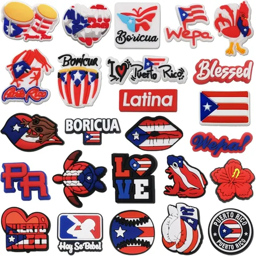 25 dijes de Puerto Rico para zapatos, sandalias de burbujas, zuecos, zapatos boricua puertorriqueños para mujeres, hombres, adultos y niñas, rojo,