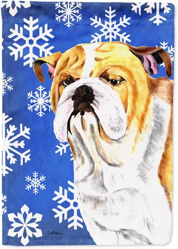 Caroline's Treasures SC9374GF Bulldog English Snow flakes Holiday Garden Flag Buzón Bandera decorativa para patio exterior, patio, obras de arte de