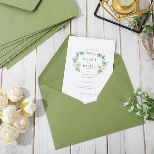 Miniatura 4 de Whaline Juego de 50 sobres de invitación A7, color verde salvia, sobres para tarjetas de felicitación, con solapa en V, fundas para tarjetas