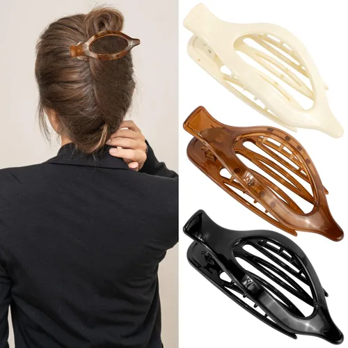 ATODEN Pinzas planas para el cabello, 3 piezas, French Concord - Pinzas de mandíbula neutras grandes para cabello fino/grueso, blanco, marrón, negro