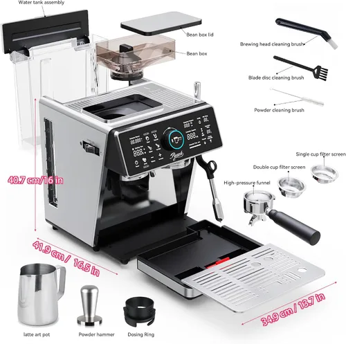 Miniatura 3 de Máquina de café espresso semiautomática de doble caldera con molinillo integrado, portafiltro de 2.283 in, pantalla TFT y varita de vapor espumador