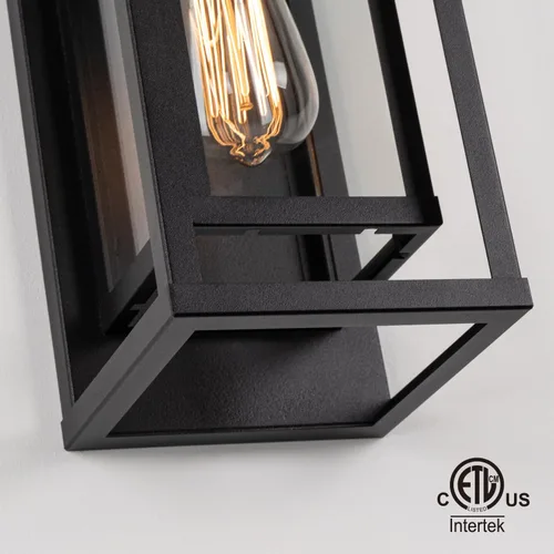 Miniatura 5 de mirrea Aplique de pared para exteriores de 14 pulgadas, 1 luz en negro mate, marco de metal rectangular y pantalla de vidrio transparente, luz