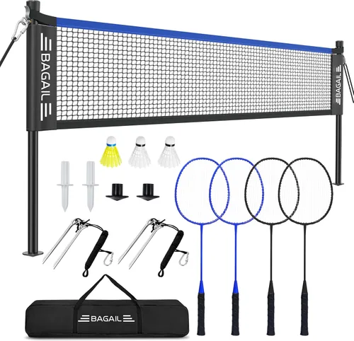 BAGAIL Juego de red de bádminton para exteriores con sistema de cabrestante anti-hundimiento, tamaño oficial de 20 pies x 5 pies, 4 raquetas, 3 Azul