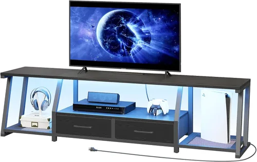 Miniatura 8 de RALGEND Soporte de TV LED para TV de 80 pulgadas, centro de entretenimiento con estantes abiertos y tomas de corriente, mesa consola de TV