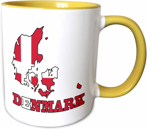 Miniatura 13 de 3dRose La bandera de Dinamarca en el mapa del contorno del país y el nombre, Dinamarca. Taza negra de dos tonos de 11 oz