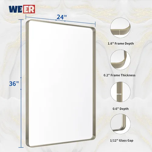 Miniatura 6 de WEER Espejo de baño de níquel cepillado de 24 x 36 pulgadas, marco de metal plateado cepillado, espejo rectangular redondeado de baño plateado