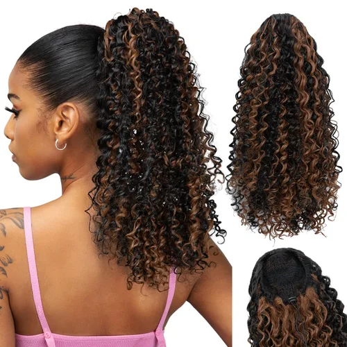 Miniatura 20 de Extensión de cabello corto negro con cordón para mujeres negras, cola de caballo recta de 14 pulgadas con rizos finales, postizos sintéticos