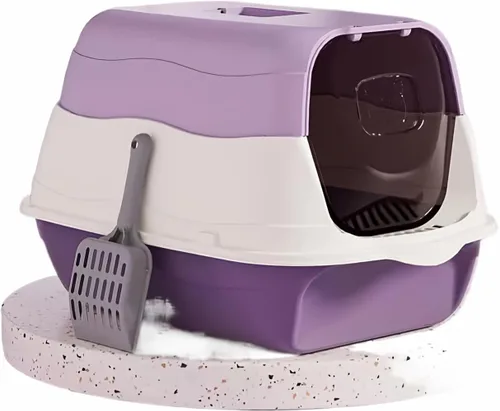 Caja de arena grande cubierta con tapa, bandeja de inodoro para gatos totalmente cerrada y cuchara Púrpura