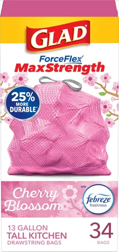 Glad - Bolsas de basura altas para cocina ForceFlex MaxStrength, 13 galones, flor de cerezo, 34 unidades (el embalaje puede variar)