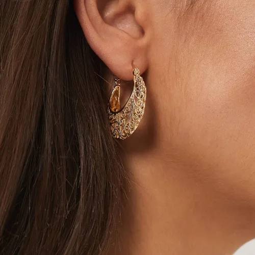 Miniatura 7 de Aretes de filigrana, estilo vintage, con filigrana, ovalados, chapados en oro, aretes colgantes chapados en oro, aretes bohemios amarillos para mujer