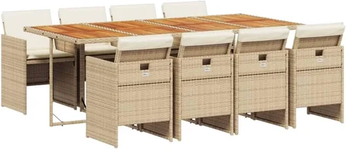 Miniatura 2 de 9 Piece Patio Dining Set with Cream Cushions Beige Poly Rattan Table and 8 Foldable Chairs for Backyard Garden Dining Beige/Wood/9 Piece