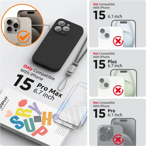Miniatura 2 de SURPHY Funda diseñada para iPhone 15 Pro Max con protector de pantalla y cordón, correa de teléfono y funda de silicona líquida para teléfono