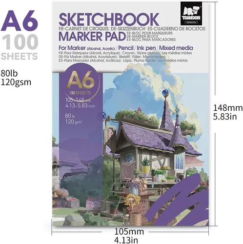 Miniatura 4 de TRANSON 2 Pack A6 Mini Sketchbook Marker Pad, 80lb/120gsm Heavyweight Art Paper, No Bleed Through, 100 Sheets/200 Pages 4.13"x5.83" for Drawing &