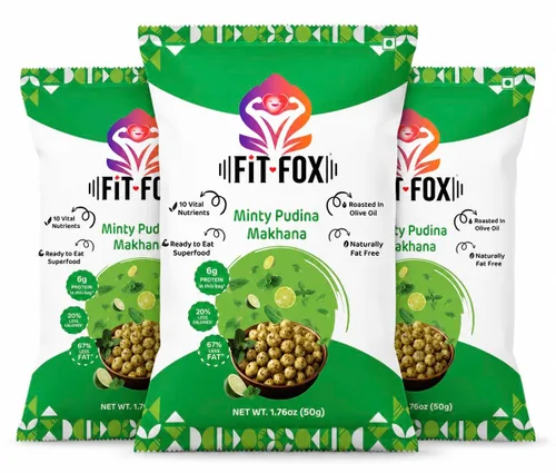 FIT FOX Minty Pudina Makhana, paquete de 3 (1.76 onzas cada uno) | Nueces de zorro asadas (semillas de loto) | Sabor refrescante a menta | Tostado