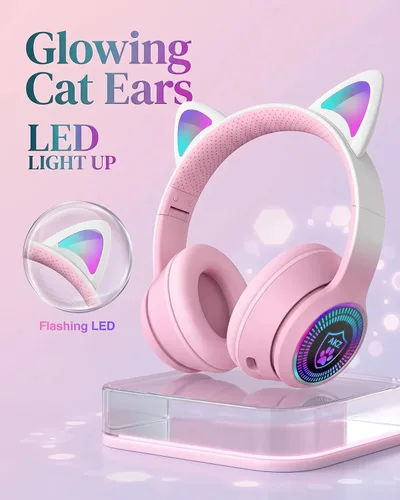 Miniatura 4 de Auriculares plegables inalámbricos Bluetooth 5.1 con luz LED, VIGROS estéreo, música, sonido envolvente con micrófono AUX para PC, pad, móvil