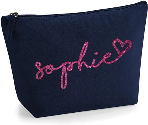 Miniatura 15 de Bolsa de accesorios de maquillaje con iniciales de nombre escritas a mano personalizadas en color negro con purpurina o textura de flocado