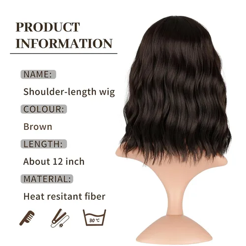 Miniatura 5 de VCKOVCKO Pelucas cortas de ondas naturales peluca marrón natural con flequillo de aire, para mujer, longitud al hombro, rizadas, onduladas, A