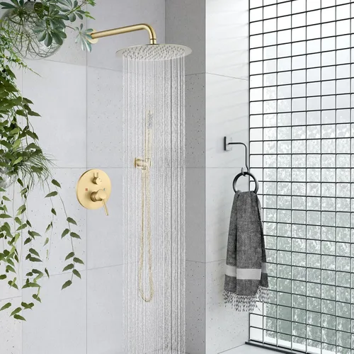 Miniatura 8 de gotonovo Sistema de ducha con cabezal de ducha de lluvia redondo de 10 pulgadas montado en la pared, conjunto de grifería de ducha de alta presión