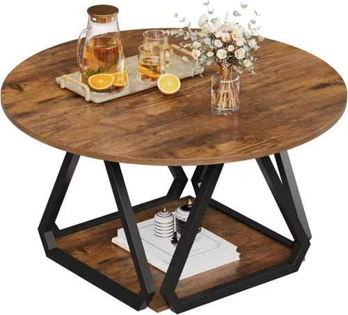 Miniatura 7 de Mesa auxiliar redonda, mesa central de 2 niveles de 31.5 pulgadas con estante de almacenamiento, mesa de centro de madera redonda rústica moderna