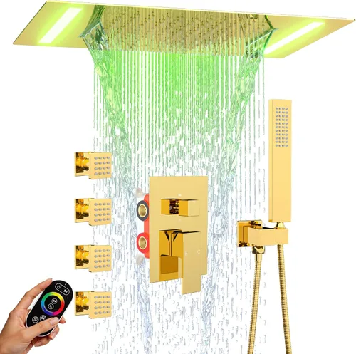 ENGA Bright Gold Shower System with Body Jets, 2 In 1 Functions Ceiling Mount 14x20inch LED Shower Head with 4 Body Jets, Rainfall Waterfall Shower