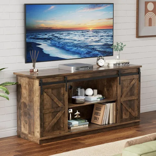 YESHOMY - Soporte de TV para televisores de hasta 65 pulgadas, con puertas corredizas estilo granja y gabinetes de almacenamiento, mesa consola y