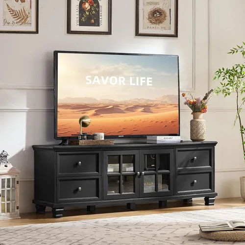SAVOR LIFE Mueble de TV estilo granja para sala de estar, centro de entretenimiento rústico negro con gabinete de almacenamiento, consola de TV de